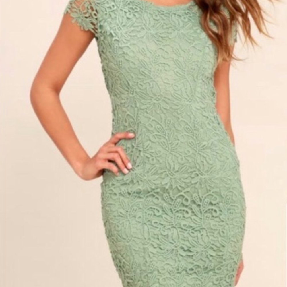 Intricate lace party dress in sage green!